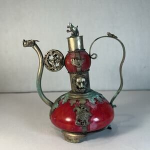 Vintage Tibetan Teapot with Patina | Metal Animal Decor | Marked Base